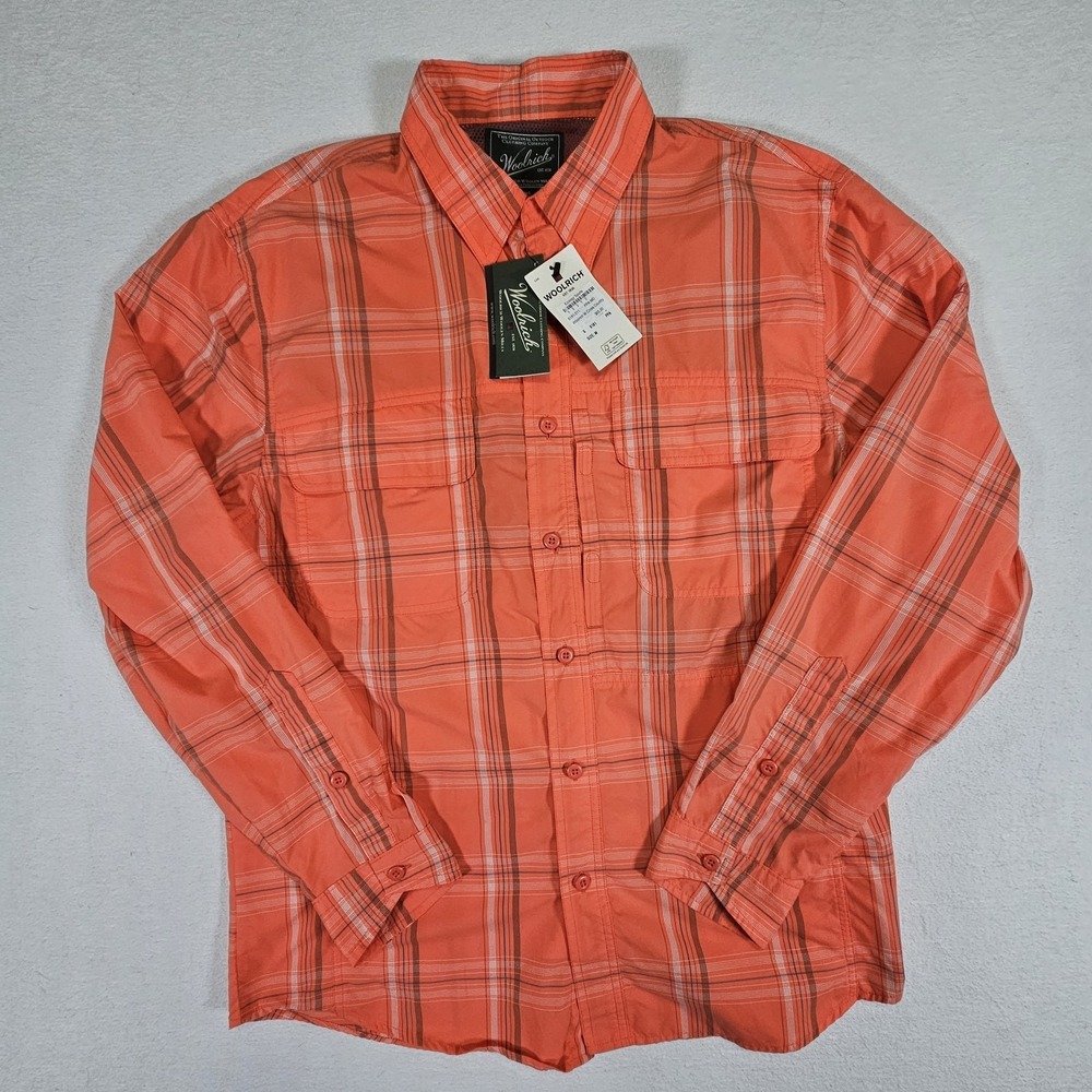 Woolrich Mens M Medium Long Sleeve Button Up Orange Check Lightweight Shirt